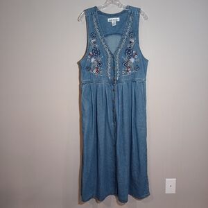 Jane Ashley Blue Denim Floral Embroidered Midi Dress Vintage 90s  Size L